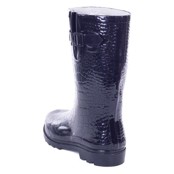 Women Rubber Rainboots,  11" Black Crocodile Print Rain Boots - Picture 2 of 4